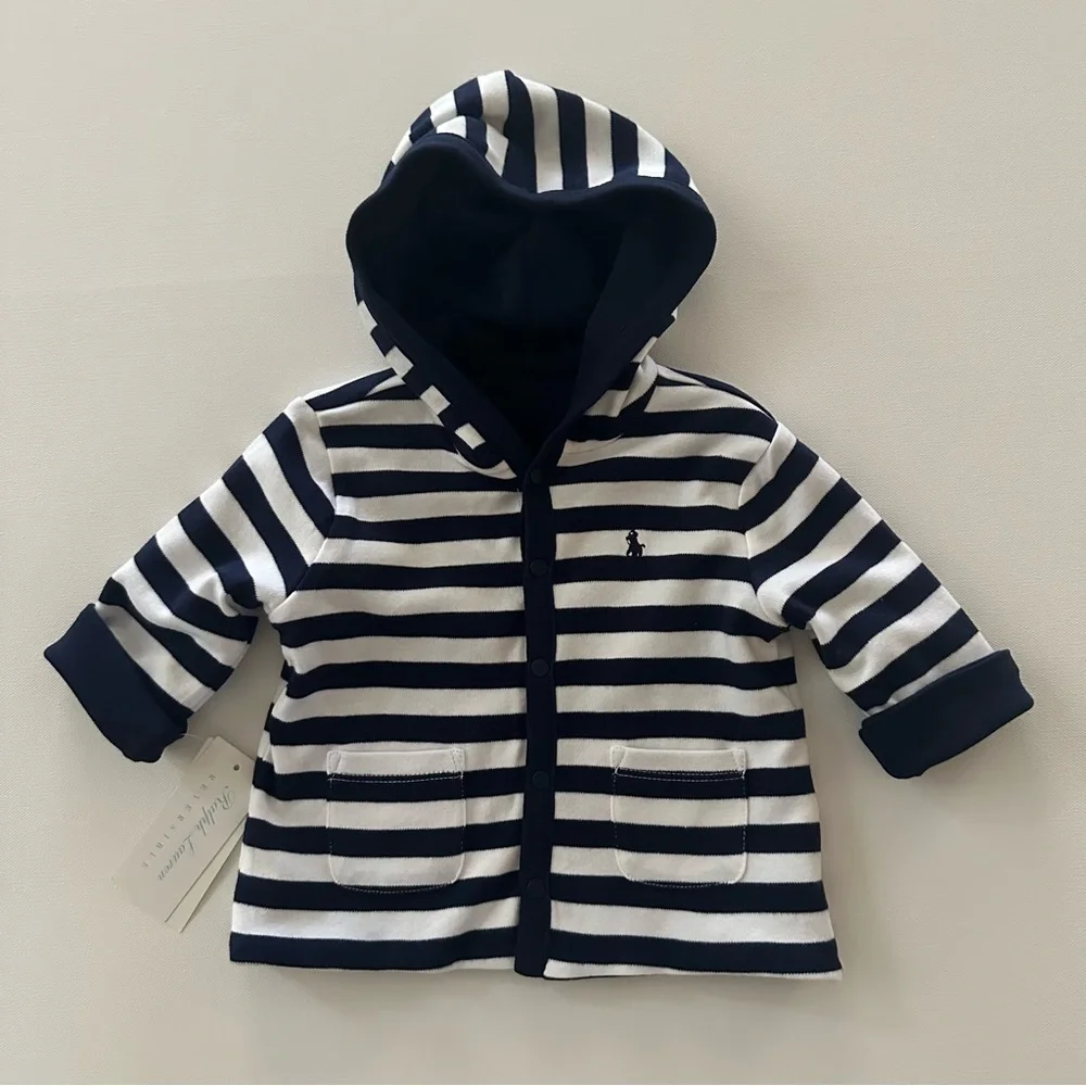 Ralph Lauren 6 Months Baby Boy Hooded Jacket Cardigan Blue Reversible NWT